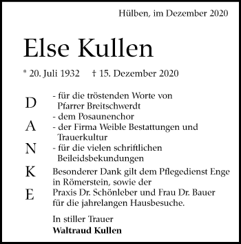 Traueranzeige von Else Kullen von Alb-Bote/Metzinger-Uracher Volksblatt