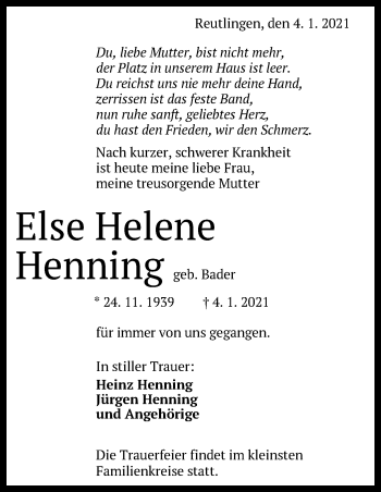 Traueranzeige von Else Helene Henning von Metzinger-Uracher Volksblatt