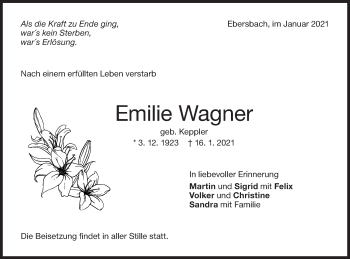 Traueranzeige von Emilie Wagner von NWZ Neue Württembergische Zeitung