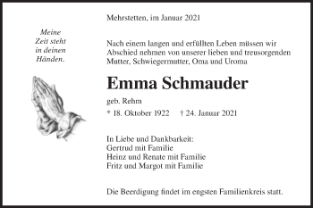 Traueranzeige von Emma Schmauder von Alb-Bote/Metzinger-Uracher Volksblatt