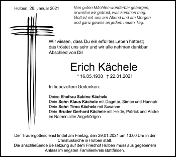 Traueranzeige von Erich Kächele von Metzinger-Uracher Volksblatt