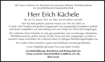 Traueranzeige von Erich Kächele von Metzinger-Uracher Volksblatt