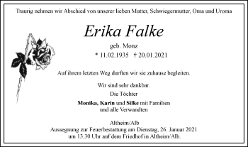 Traueranzeige von Erika Falke von SÜDWEST PRESSE Ausgabe Ulm/Neu-Ulm