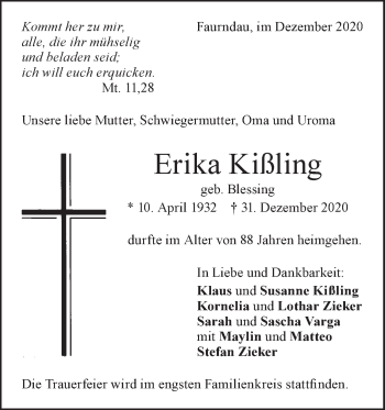 Traueranzeige von Erika Kißling von NWZ Neue Württembergische Zeitung