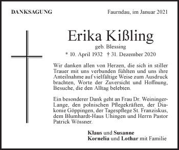 Traueranzeige von Erika Kißling von NWZ Neue Württembergische Zeitung