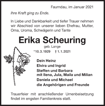 Traueranzeige von Erika Scheuring von NWZ Neue Württembergische Zeitung