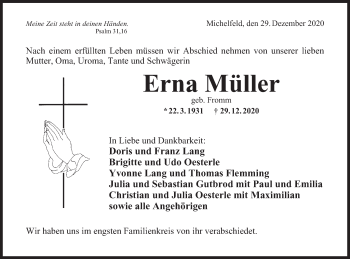 Traueranzeige von Erna Müller von Haller Tagblatt