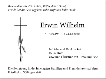 Traueranzeige von Erwin Wilhelm von SÜDWEST PRESSE Ausgabe Ulm/Neu-Ulm