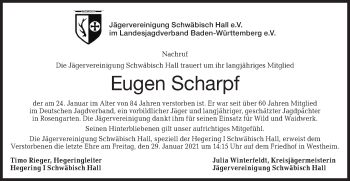 Traueranzeige von Eugen Scharpf von Haller Tagblatt