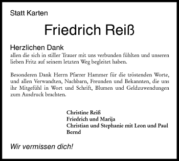 Traueranzeige von Friedrich Reiß von Hohenloher Tagblatt