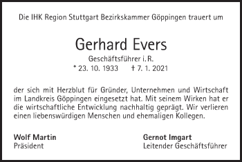 Traueranzeige von Gerhard Evers von NWZ Neue Württembergische Zeitung