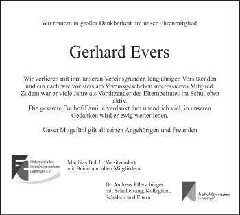 Traueranzeige von Gerhard Evers von NWZ Neue Württembergische Zeitung