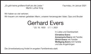 Traueranzeige von Gerhard Evers von NWZ Neue Württembergische Zeitung