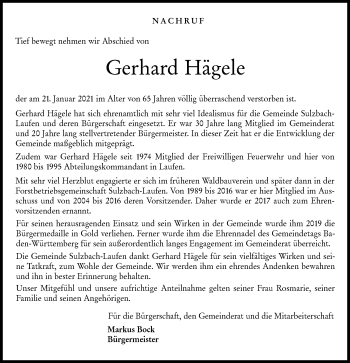 Traueranzeige von Gerhard Hägele von Rundschau Gaildorf