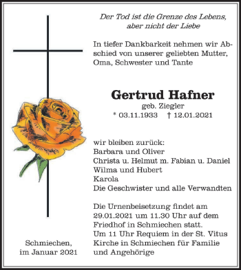 Traueranzeige von Gertrud Hafner von Ehinger Tagblatt