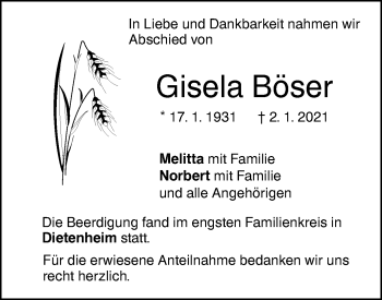 Traueranzeige von Gisela Böser von Illertal Bote