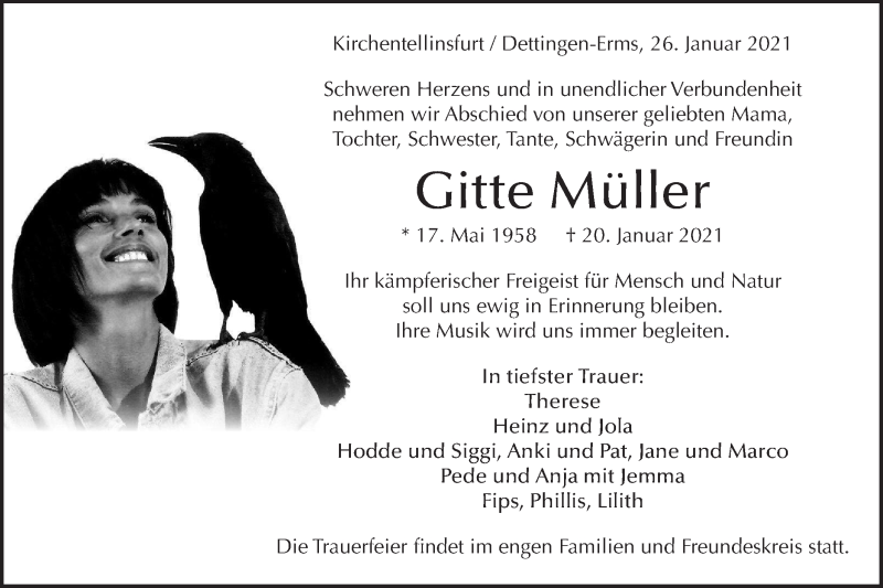  Traueranzeige für Gitte Müller vom 26.01.2021 aus Metzinger-Uracher Volksblatt