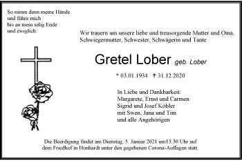 Traueranzeige von Gretel Lober von Hohenloher Tagblatt