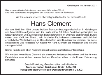 Traueranzeige von Hans Clement von NWZ Neue Württembergische Zeitung/Geislinger Zeitung