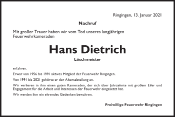 Traueranzeige von Hans Dietrich von Metzinger-Uracher Volksblatt