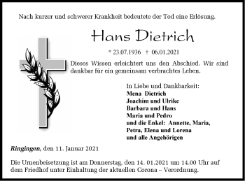 Traueranzeige von Hans Dietrich von Metzinger-Uracher Volksblatt