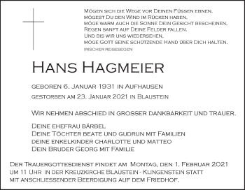 Traueranzeige von Hans Hagmeier von SÜDWEST PRESSE Ausgabe Ulm/Neu-Ulm