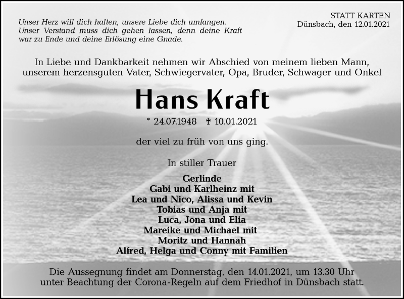  Traueranzeige für Hans Kraft vom 12.01.2021 aus Haller Tagblatt