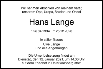 Traueranzeige von Hans Lange von SÜDWEST PRESSE Ausgabe Ulm/Neu-Ulm