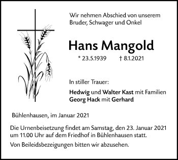 Traueranzeige von Hans Mangold von SÜDWEST PRESSE Ausgabe Ulm/Neu-Ulm