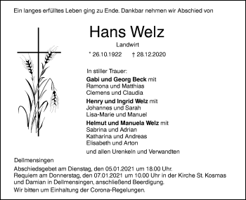 Traueranzeige von Hans Welz von SÜDWEST PRESSE Ausgabe Ulm/Neu-Ulm