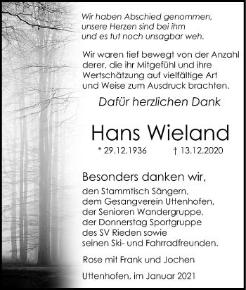 Traueranzeige von Hans Wieland von Haller Tagblatt