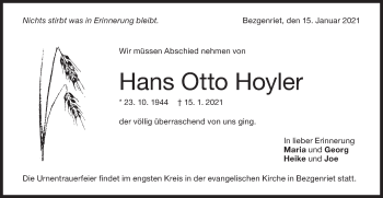 Traueranzeige von Hans Otto Hoyler von NWZ Neue Württembergische Zeitung