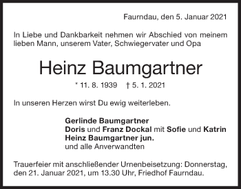 Traueranzeige von Heinz Baumgartner von NWZ Neue Württembergische Zeitung