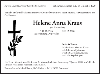 Traueranzeige von Helene Anna Kraus von NWZ Neue Württembergische Zeitung