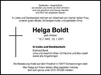 Traueranzeige von Helga Boldt von SÜDWEST PRESSE Ausgabe Ulm/Neu-Ulm