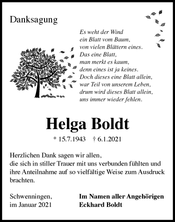 Traueranzeige von Helga Boldt von SÜDWEST PRESSE Ausgabe Ulm/Neu-Ulm