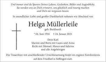 Traueranzeige von Helga Müllerleile von SÜDWEST PRESSE Ausgabe Ulm/Neu-Ulm