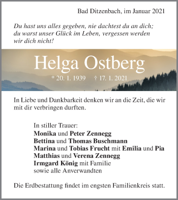 Traueranzeige von Helga Ostberg von Geislinger Zeitung