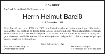 Traueranzeige von Helmut Bareiß von Haller Tagblatt