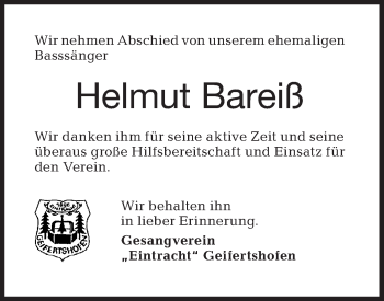 Traueranzeige von Helmut Bareiß von Haller Tagblatt