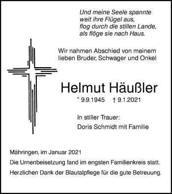 Traueranzeige von Helmut Häußler von SÜDWEST PRESSE Ausgabe Ulm/Neu-Ulm