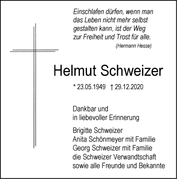 Traueranzeige von Helmut Schweizer von SÜDWEST PRESSE Ausgabe Ulm/Neu-Ulm