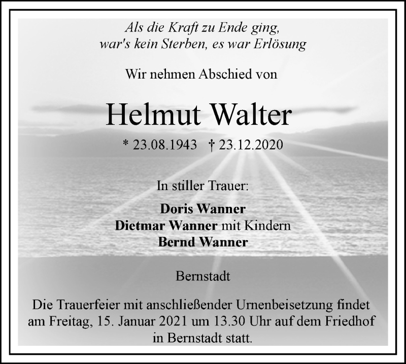  Traueranzeige für Helmut Walter vom 09.01.2021 aus SÜDWEST PRESSE Ausgabe Ulm/Neu-Ulm