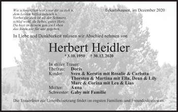 Traueranzeige von Herbert Heidler von Haller Tagblatt