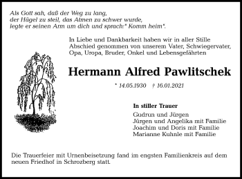 Traueranzeige von Hermann Alfred Pawlitschek von Hohenloher Tagblatt