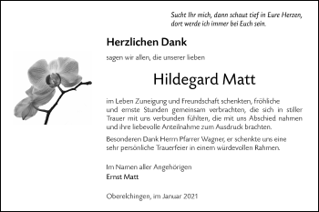 Traueranzeige von Hildegard Matt von SÜDWEST PRESSE Ausgabe Ulm/Neu-Ulm