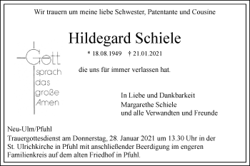 Traueranzeige von Hildegard Schiele von SÜDWEST PRESSE Ausgabe Ulm/Neu-Ulm