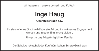 Traueranzeige von Inge Haug von Geislinger Zeitung