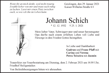 Traueranzeige von Johann Schich von Geislinger Zeitung