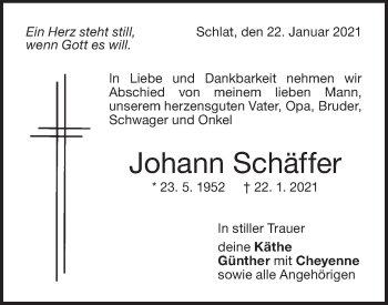 Traueranzeige von Johann Schäffer von NWZ Neue Württembergische Zeitung